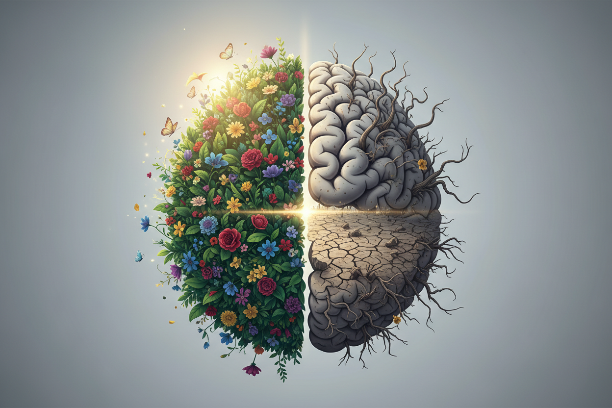 create an image based off of self investment of the mind and soul. Maybe a photo of someone's brain where half is a growing garden and the other half id depleted 